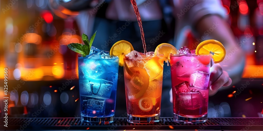 Bartender serving colorful cocktails with citrus slices in a dark nightclub setting. Concept Cocktail Presentation, Nightclub Atmosphere, Colorful Drinks, Citrus Garnish, Bartender in Action
