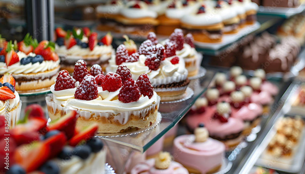 Showcase with different tasty desserts in bakery shop, closeup