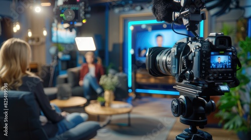 A behind the scence image of movies and TV interviews in a studio with the modern video camera and digital display recording.