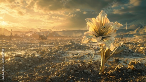 White flower blooming in a post-apocalyptic wasteland