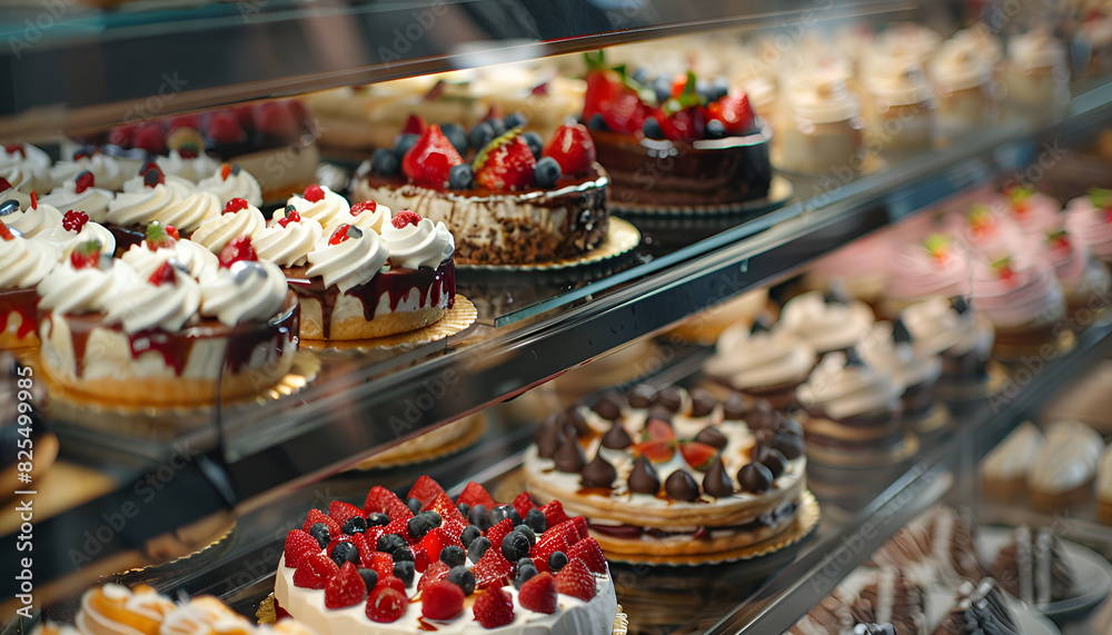 Showcase with different tasty desserts in bakery shop, closeup