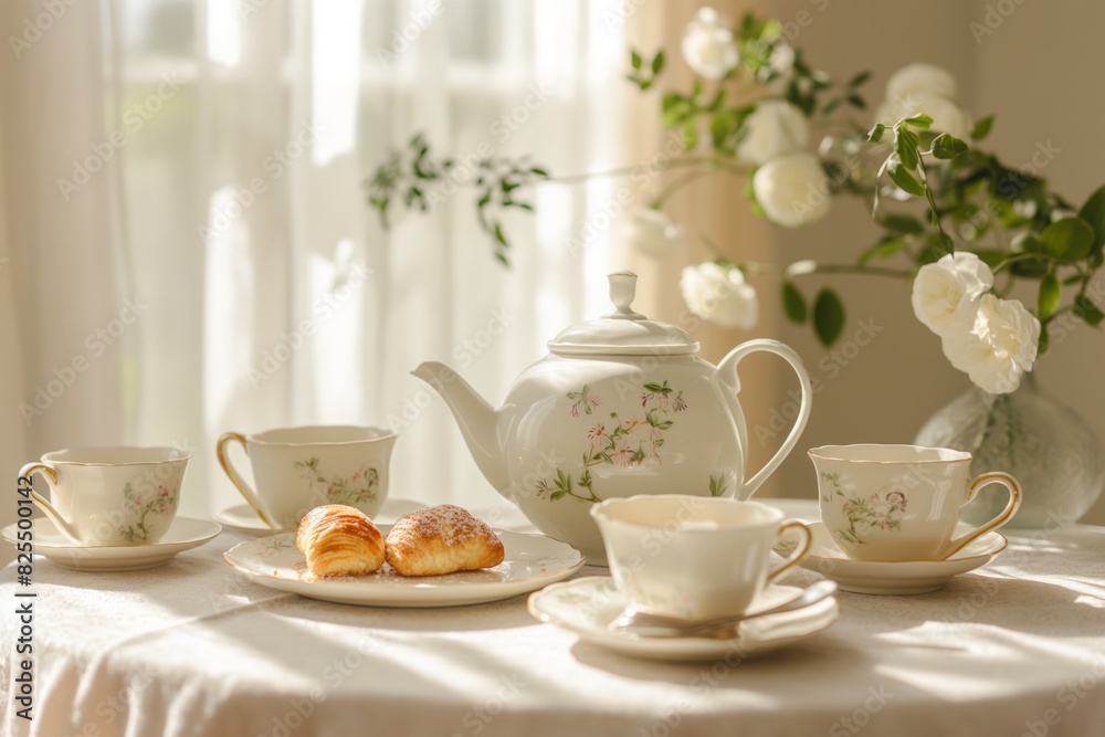 Graceful tea set with delicate floral patterns is showcased, accompanied by freshly baked pastries, basking in the warm, morning sunlight by a window with sheer curtains and soft-focus greenery Graceful tea set with delicate floral patterns is showcased, accompanied by freshly baked pastries, basking in the warm, morning sunlight by a window with sheer curtains and soft-focus greenery
