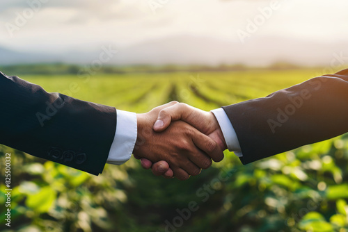 Two businessmen shake hands against the backdrop of agricultural plantations. Successful deal for farmers. Agriculture business concept