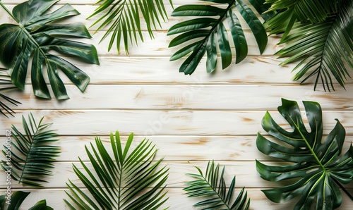 Green flat lay tropical palm leaf branches on white wooden planks background. Room for text  copy  lettering.