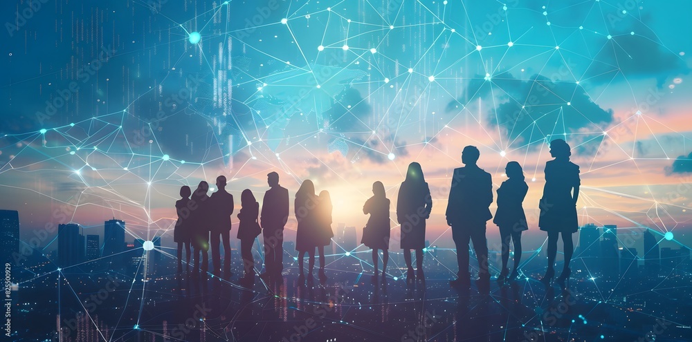 Double exposure of a business team standing in a row and a cityscape with digital connections