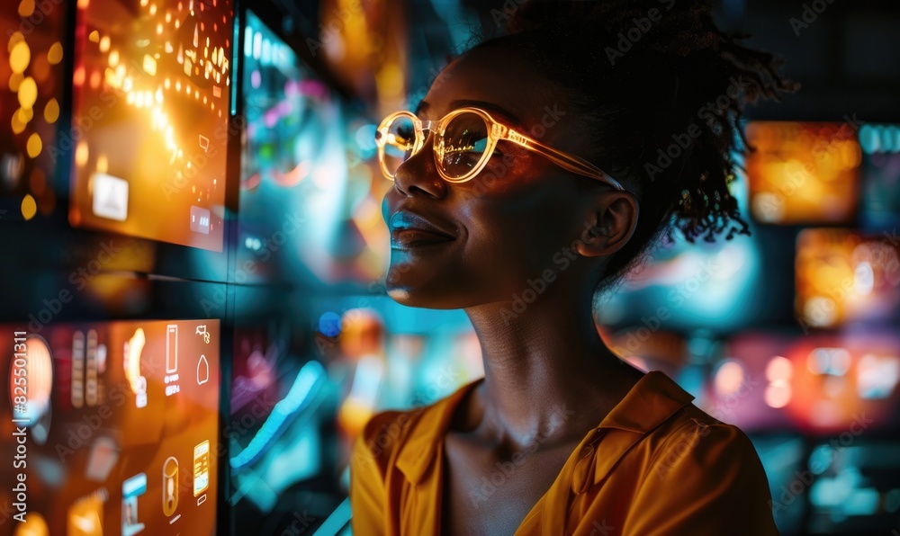 Obraz premium A creative smiling digital female marketer surrounded by screens displaying her successful e-commerce campaigns
