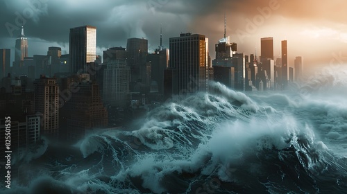 Tsunami wave crashing through city buildings. Natural disaster and cataclysm concept. Design for banner, wallpaper. Dramatic background