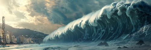 Panoramic view of tsunami wave hitting coastline. Natural disaster and cataclysm concept. Design for banner, wallpaper. Dramatic background