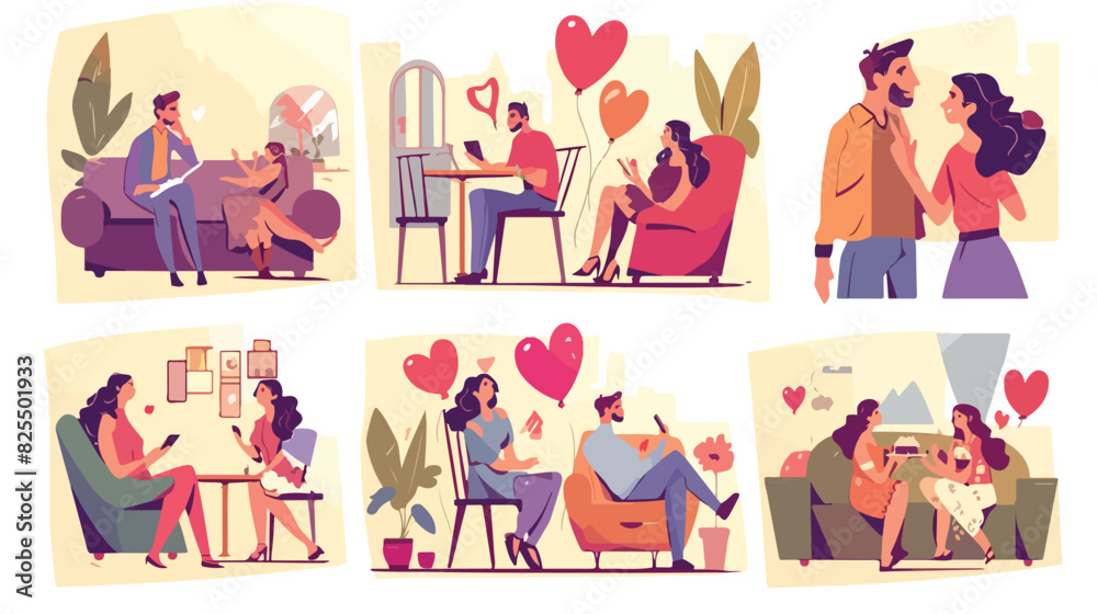 Cards set with couples dating in various romantic p