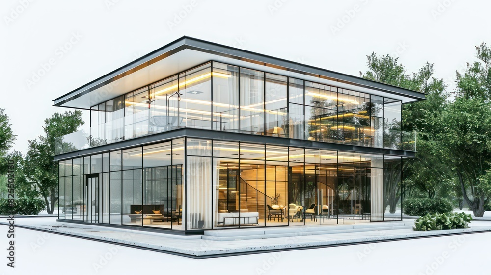 Luxury rectangle glass house isolated on white created with Generative AI Luxury rectangle glass house isolated on white created with Generative AI