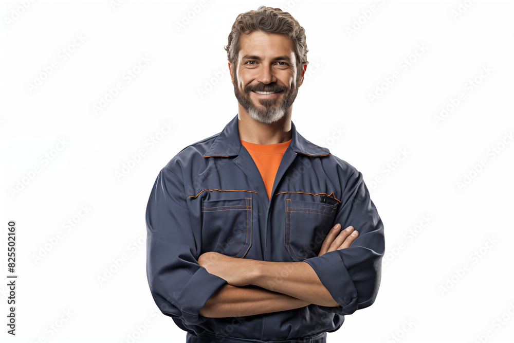 Mechanic man smiling on white background. Automotive industry. Car repair. Car garage. Mechanical training. Image for graphic designer. Mechanic man smiling on white background. Automotive industry. Car repair. Car garage. Mechanical training. Image for graphic designer.