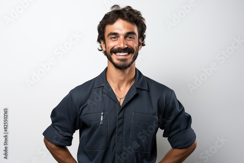 Mechanic man smiling on white background. Automotive industry. Car repair. Car garage. Mechanical training. Image for graphic designer.
