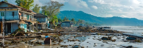 Tsunami aftermath in coastal village. Natural disaster and cataclysm concept. Design for banner, wallpaper. Panoramic view