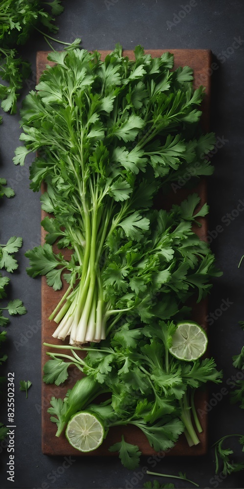 Fototapeta premium Fresh green vitamin parsley leaves. Herbs and spices. Top view flat lay