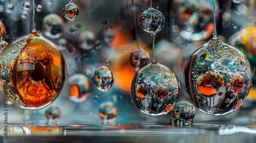 Close-up of many bubbles on a water surface, with numerous water droplets dangling from them Close-up of many bubbles on a water surface, with numerous water droplets dangling from them