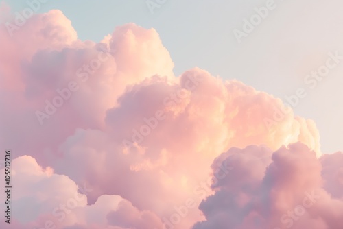 Tranquil image capturing the soft pastel hues of pink and orange clouds set against a gentle sky, conveying a peaceful and dreamy sunset atmosphere