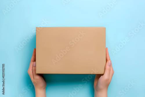 Top view to female hand holding brown cardboard box on light blue background. Mockup parcel box. Packaging, shopping, delivery concept