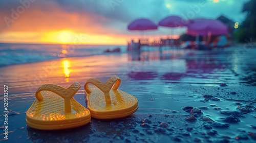 Closeup a pair of yellow flipflops on the beach at sunset, with purple umbrellas and people in the background