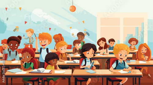 Cartoon illustration of school kids studying in cla