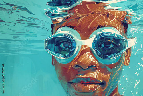 A swimmer with distinctive blue goggles floats underwater, the serene scene highlighted by light reflections and bubbles