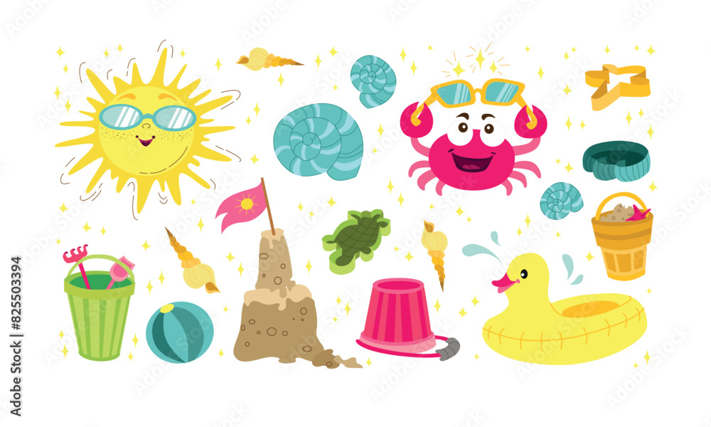 Summer icons set. Sun, ball, inflatable duck toy and crab. Summer icons set. Sun, ball, inflatable duck toy and crab.