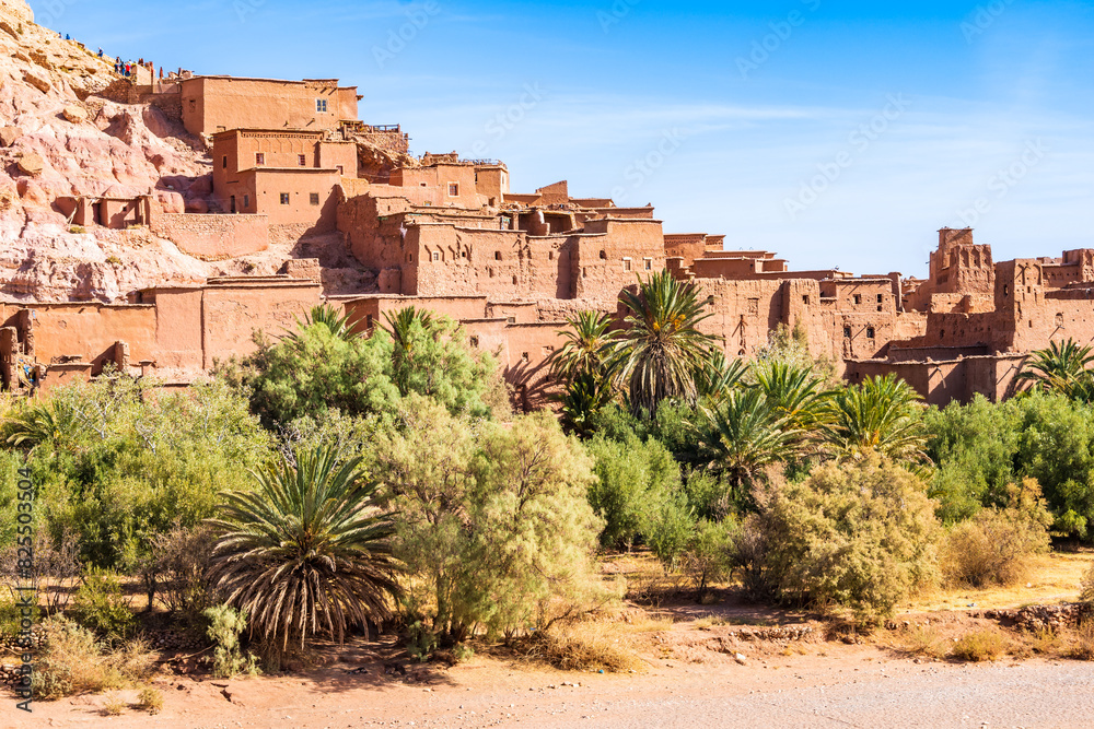 Palm trees in oasis of Ksar Ait Ben Haddou, old Berber ancient village or kasbah, Ouarzazate, Morocco, North Africa