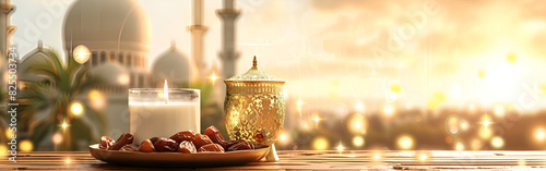 Eid al adha traditional background with mosque and Enlightenment Sunnah Quran on blur mosque background photo