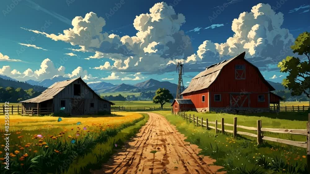 Animated summer landscape with farm in the morning Seamless looping 4k time-lapse animation video background