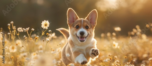 Cheerful corgi puppy enjoys a playful run among wildflowers during a golden sunset  embodying happiness  vitality  and the pure joy of life in a serene meadow