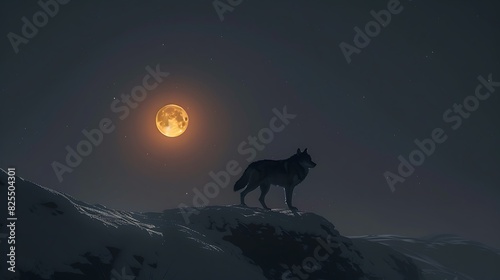 A lone wolf silhouetted against the full moon  standing atop a silent  snowy ridge.