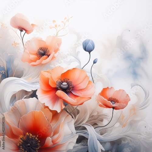 Ilustracja, kwiaty letnich maków polnych, jasny kolor. Pastelowe dekoracyjne tło kwiatowe. Bukiet kwiatów, puste miejsce na tekst, życzenia lub zaproszenie	