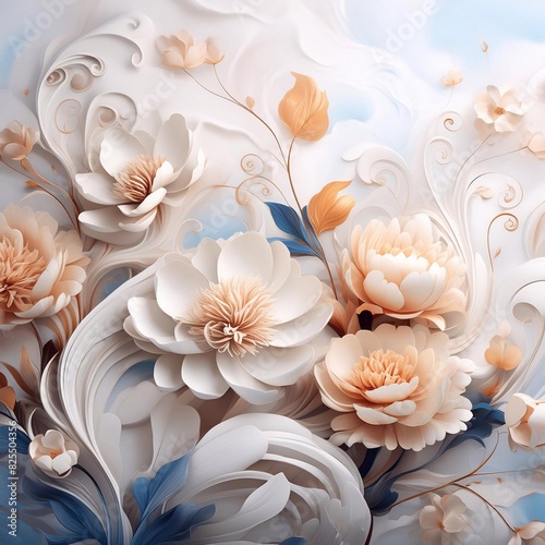 Ilustracja, kwiaty letnich białych piwonii, jasny kolor. Pastelowe dekoracyjne tło kwiatowe. Bukiet kwiatów, puste miejsce na tekst, życzenia lub zaproszenie	