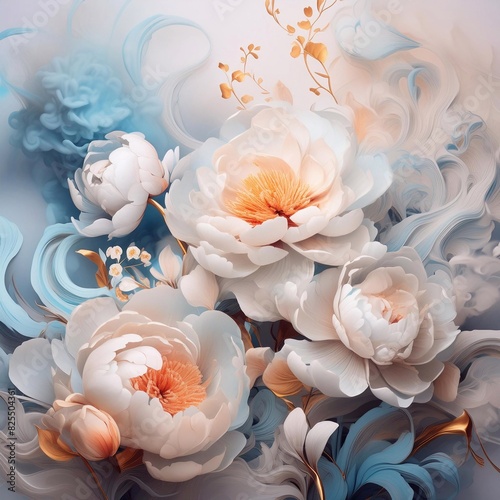 Ilustracja, kwiaty letnich białych piwonii, jasny kolor. Pastelowe dekoracyjne tło kwiatowe. Bukiet kwiatów, puste miejsce na tekst, życzenia lub zaproszenie	