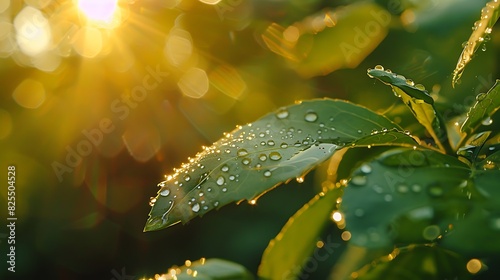 A macro shot of dewdrops on the edge of a green leaf, with the morning sun creating a bokeh effect in the background.
