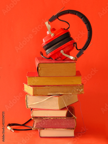 Large heap of books and heaphone, audio books concept, entertainment,education and e learning on red background,free copy space.