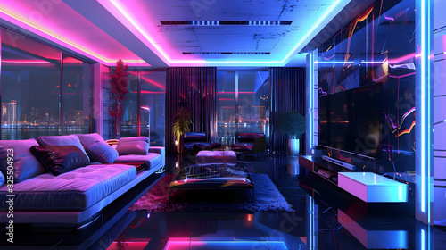 Futuristic interior room with high technology and luxury style  cyber living room with neon light and reflection. realistic hyperrealistic