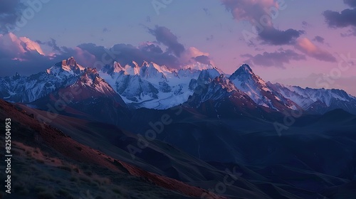 A panoramic view of a mountain range at twilight, with the last rays of the sun casting alpenglow on the peaks.