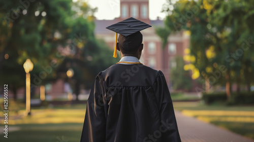 Young man in a black graduation cap and gown with a yellow tassel, standing on a university campus path with a brick building in the background, symbolizing academic achievement and future success