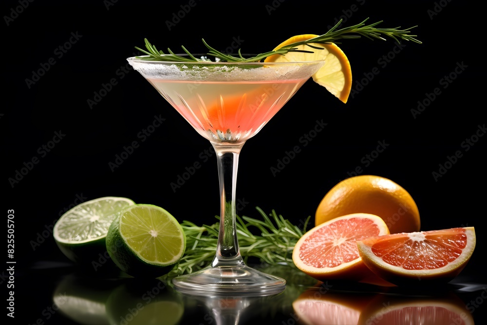 Fototapeta premium Refreshing lemon cocktail with rosemary garnish served in a martini glass.