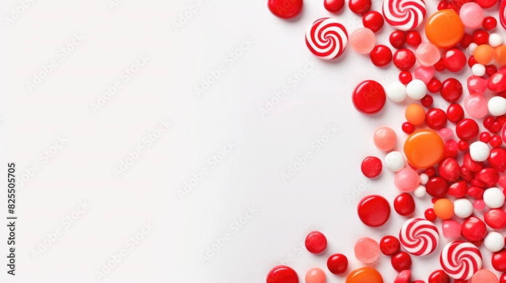 frame from candy on a red background. lollipop, caramel and sweets. party invitation card. Place for text.