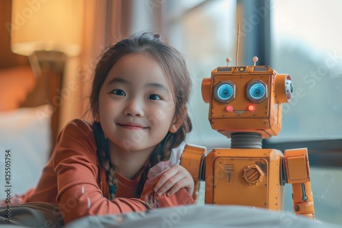 Una niña asiática alegre con grandes ojos brillantes sonriendo dulcemente mientras mira por la ventana de su habitación, con su robot futurista favorito junto a ella. La escena irradia comodidad, desp photo