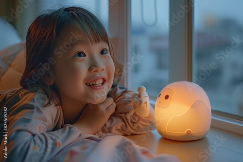 Una niña asiática alegre con grandes ojos brillantes sonriendo dulcemente mientras mira por la ventana de su habitación, con su robot futurista favorito junto a ella. La escena irradia comodidad, desp photo