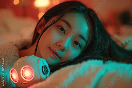 Una niña asiática alegre con grandes ojos brillantes sonriendo dulcemente mientras mira por la ventana de su habitación, con su robot futurista favorito junto a ella. La escena irradia comodidad, desp photo