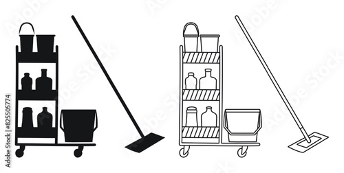 Housekeeping equipment, cleaning trolley, mop, bucket, cleaning products, containers, sketch  mockup