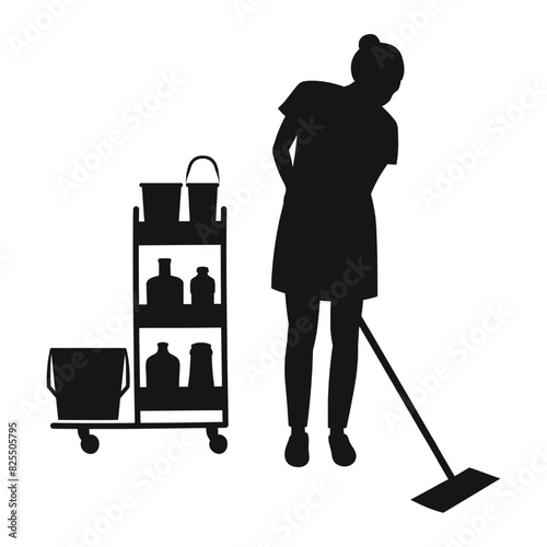 Maid with mop and cart for cleaning the room, black silhouette