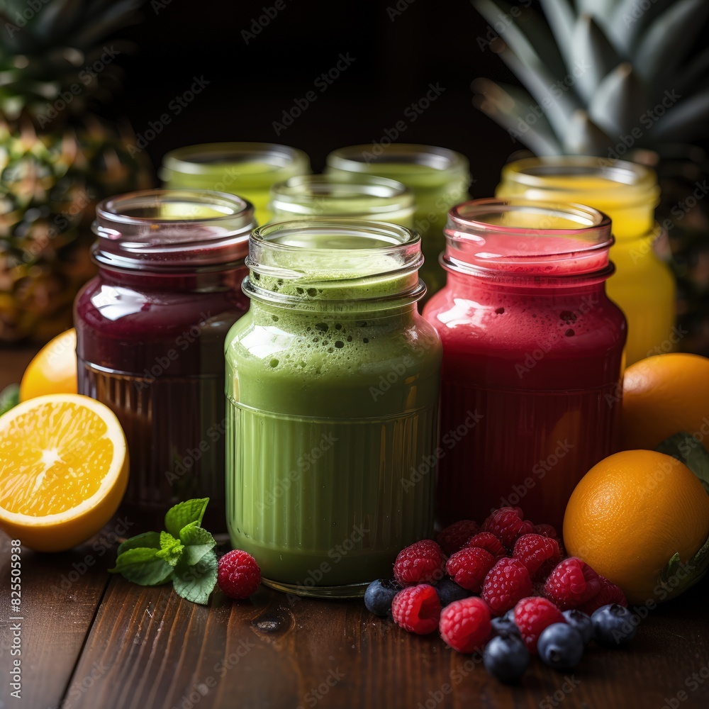 a tray of colorful juices with a jar of fruit on it a tray of colorful juices with a jar of fruit on it