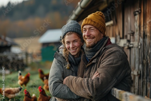 Un hombre y una mujer felices están parados uno al lado del otro como amigos en una pequeña granja con gallinas.
 photo
