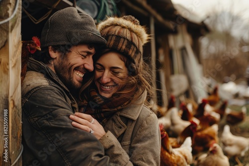 Un hombre y una mujer felices están parados uno al lado del otro como amigos en una pequeña granja con gallinas.
 photo