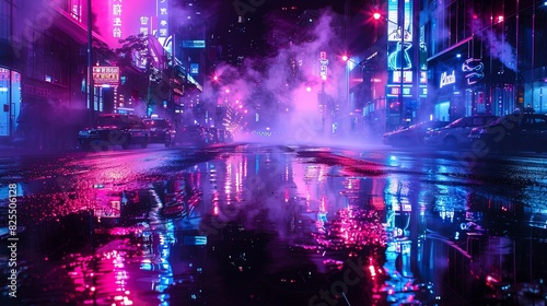 Wet asphalt in the center of the night city, neon. © Terablete
