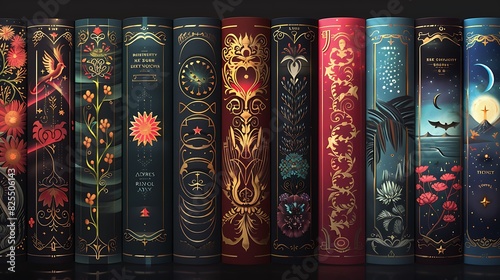 A set of beautifully illustrated book covers, each with its own unique theme and color scheme, displayed side by side. photo